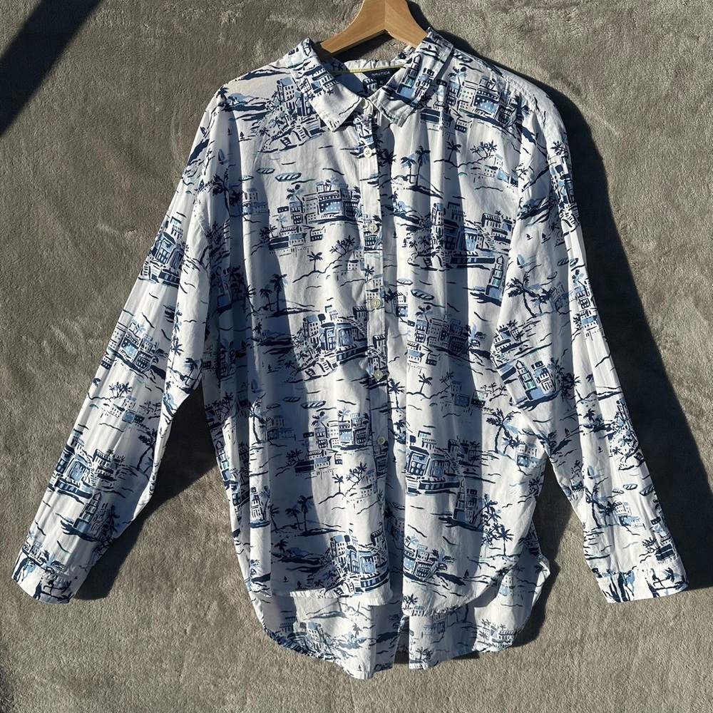 Nautica Women’s Button Up Shirt White Nautical Scenic Print Long Sleeve Sz XL